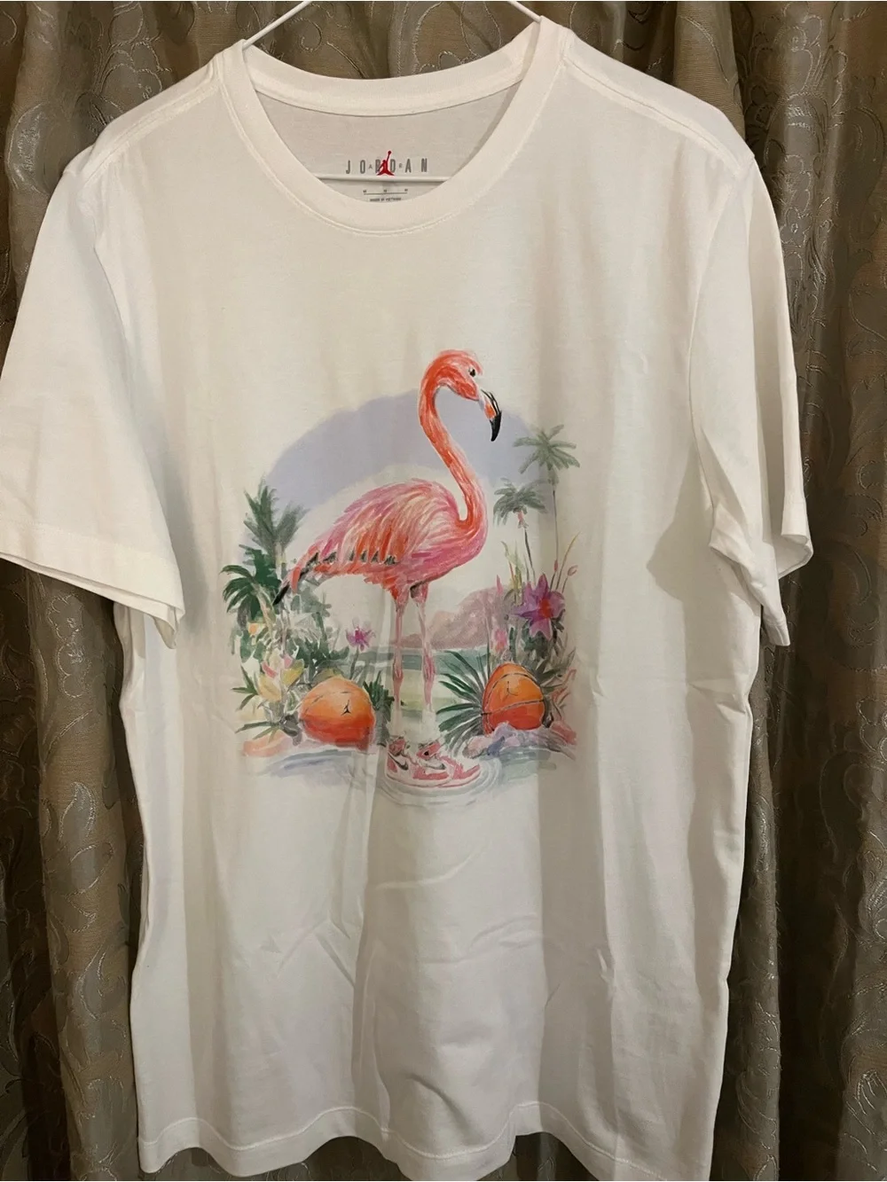 Jordan White Tee with Pink Flamingo Graphic